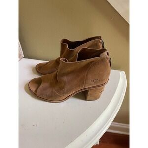 UGG Ginger Brown Suede Peep Toe Ankle Booties Block Heel Size 10